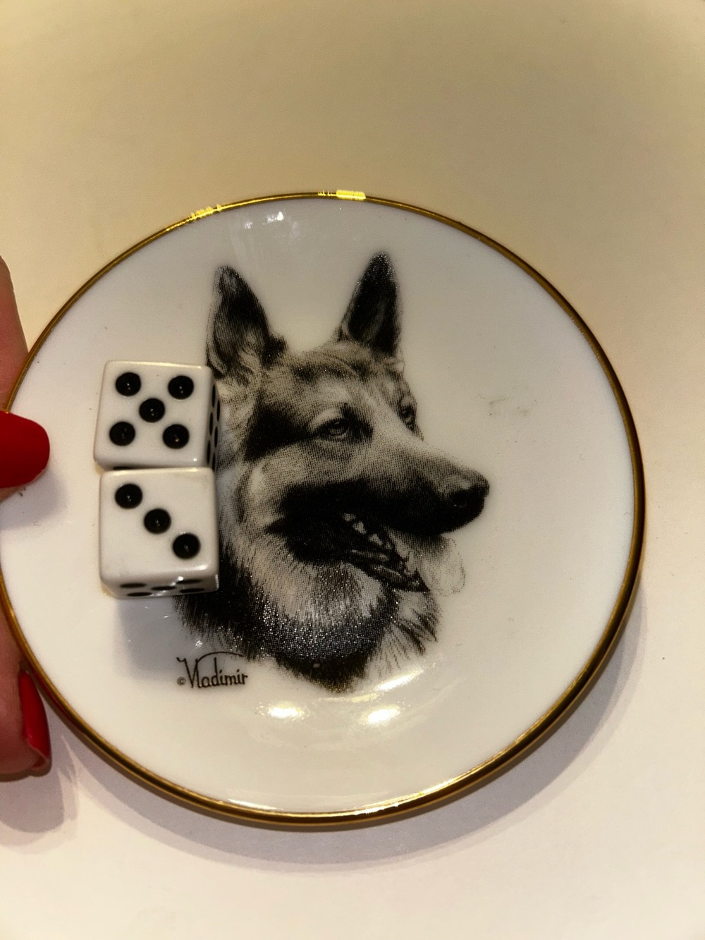 White Ceramic German Shepard Mah Jong Dice or Trinket Dish w/ Gold Rim dice incl